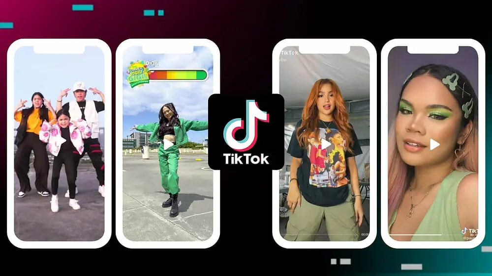 A digital collage featuring four TikTok videos displayed on smartphones, showcasing dance challenges, beauty content, and interactive trends with the TikTok logo in the center.