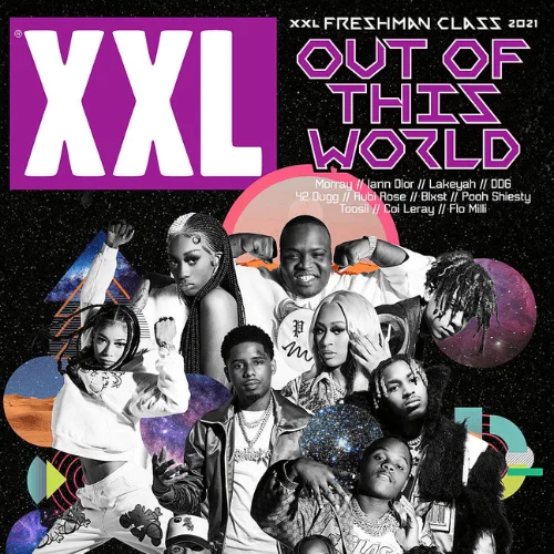 A XXL magazine cover featuring the 2021 Freshman Class, showcasing rising hip-hop artists in a bold, space-themed design with the headline "Out of This World."