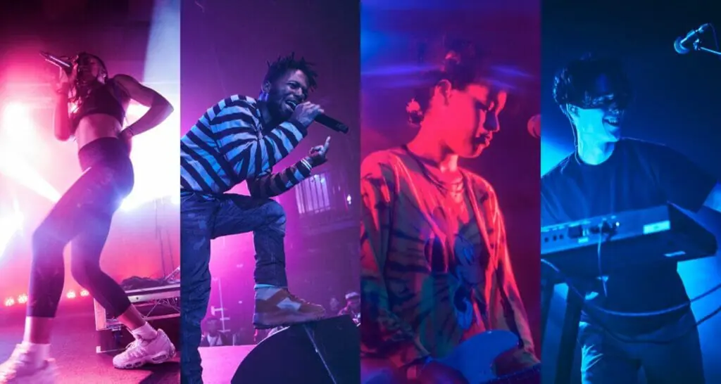 A collage of four musicians performing live on stage, featuring a singer, a rapper, a guitarist, and a keyboardist, illuminated by vibrant pink, blue, and purple stage lighting.