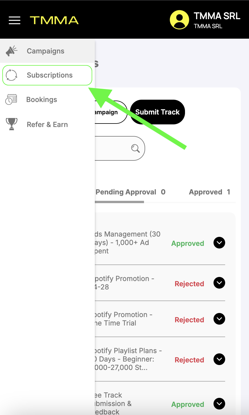 A screenshot of the TMMA music marketing platform with the "Subscriptions" menu highlighted, guiding users to manage their active and cancelled campaigns.