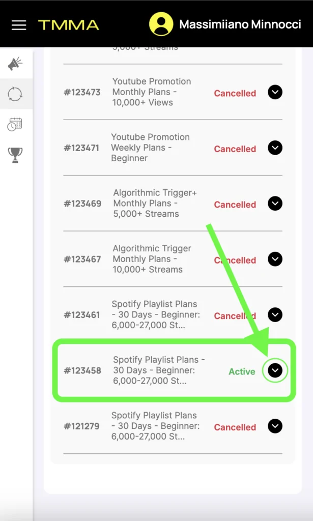 A screenshot of the TMMA music marketing platform showing an active "Spotify Playlist Plans – 30 Days" subscription, highlighted in green. The interface displays various promotion plans, including cancelled and active campaigns.
