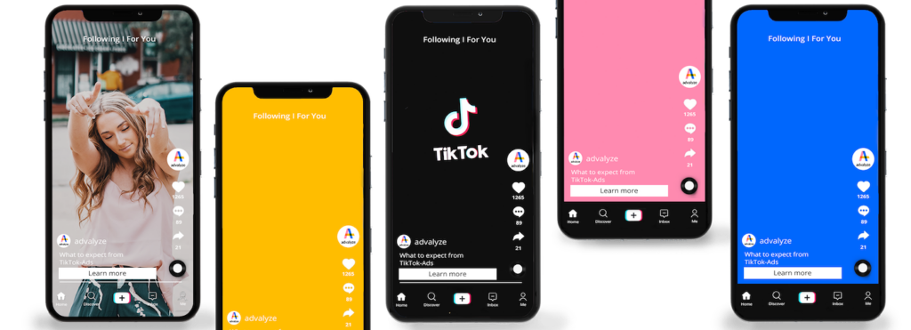 A digital mockup displaying five smartphones with TikTok ads in different formats, including branded content, colorful promotional screens, and interactive call-to-action buttons.