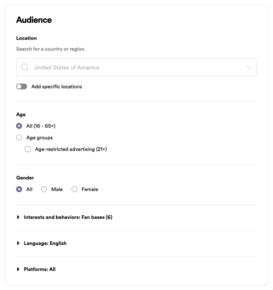 A screenshot of the Spotify Ad Studio audience targeting interface, showing location, age, gender, and interest-based options for music promotion.