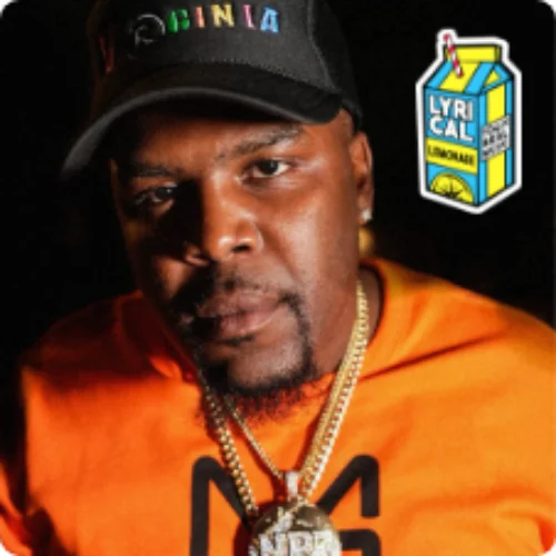 A hip-hop artist wearing an orange shirt and a "Virginia" cap, showcasing a serious expression, with the Lyrical Lemonade logo in the corner, representing urban music culture and promotion.